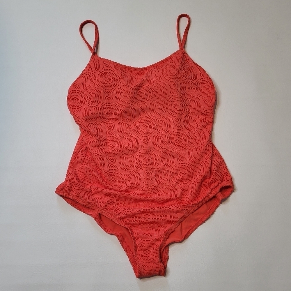 Catalina Swimsuit Orange Lace Overlay Classic One Piece Adjustable Straps Sz XL - Picture 2 of 7